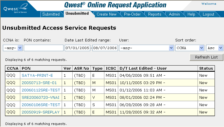Unsubmitted Requests